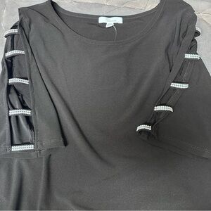 Elegant Black Top with Rhinestone Embellished Cut-Out Elbow Sleeves M